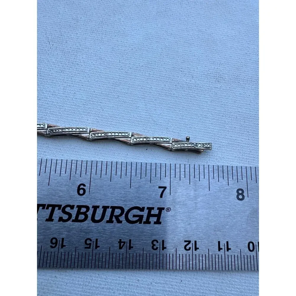 Vintage Sterling Silver Tennis Bracelet with 2 Small Diamonds on Clasp 7.5